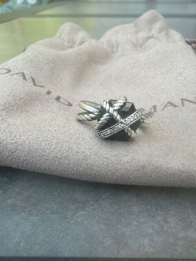 David Yurman Silver Cable Ring with Black Onyx and Pavé Diamonds